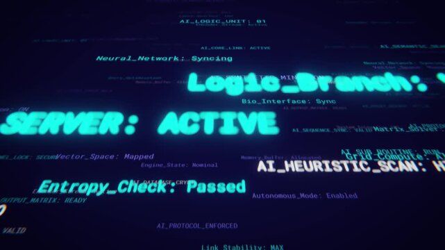 Glowing text with ai data processing on a screen, representing neural network and futuristic tech. Seamless loop