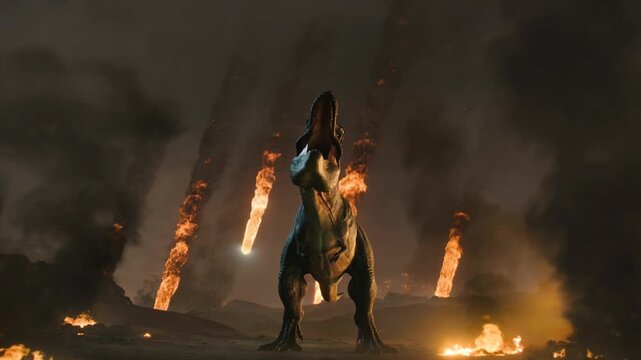 Giant Dinosaur Unleashes Fiery Breath Amidst Burning Cityscape.