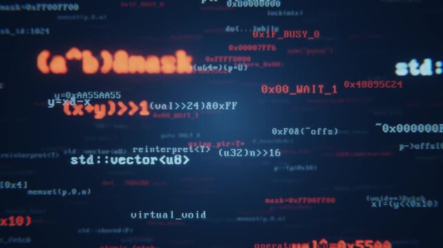 Digital animation of programming code scrolling on a screen, representing software development. Seamless loop