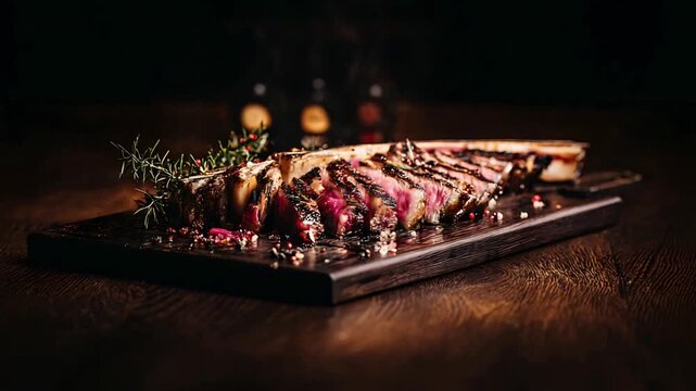 Juicy Grilled Ribeye Tomahawk Steak Slices Served Fresh with Rosemary and Spices on Wooden Board.