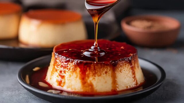 Sweet golden caramel sauce gracefully poured over a creamy flan dessert.