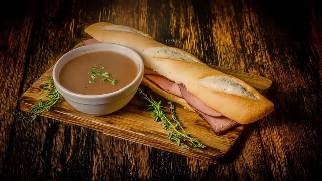 Classic French Dip Sandwich with Warm Au Jus and Fresh Thyme Sprigs.
