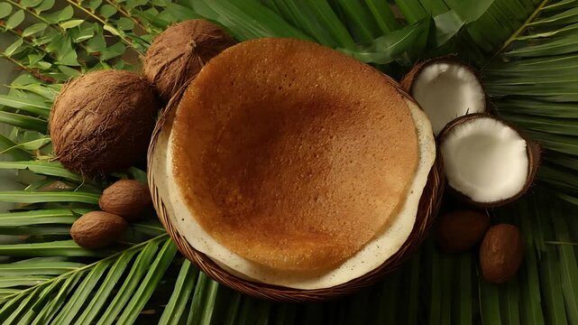 Golden Brown Appam Pancake Served with Fresh Coconuts on Tropical Green Palm Leaves.