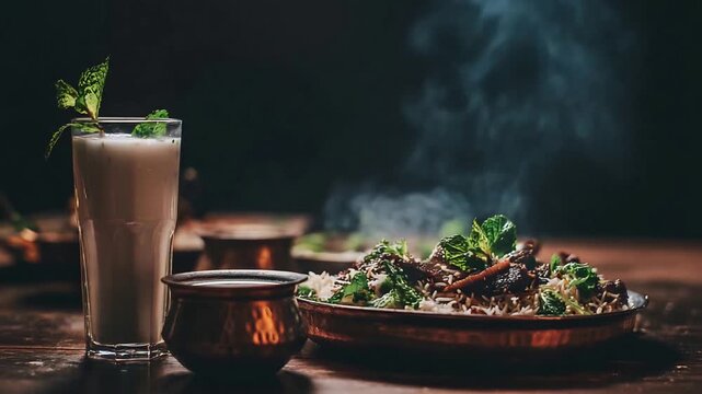 Warm Authentic Biryani Meal with Fresh Mint Lassi Drink in Atmospheric Setting.