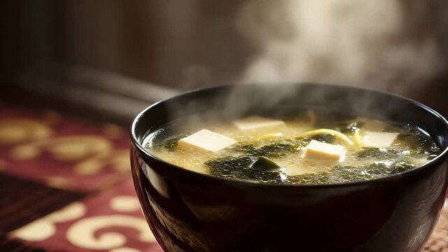 Close up of steaming Japanese miso soup, with tofu and wakame seaweed, in a traditional black bowl.