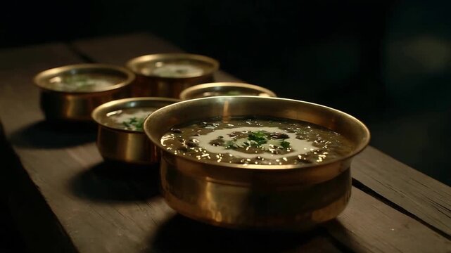 Traditional Indian Dal Makhani Served in Brass Bowls on Rustic Wooden Table.