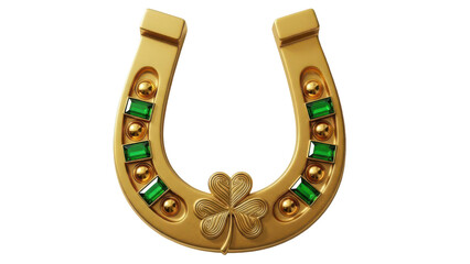 Naklejka premium Golden horseshoe pendant with green stones isolated on transparent background