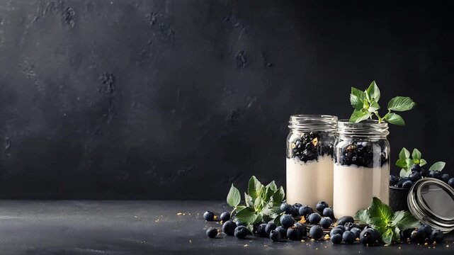 Delicious Blueberry Yogurt Parfaits with Fresh Mint on a Dark Rustic Background for Healthy Eating.