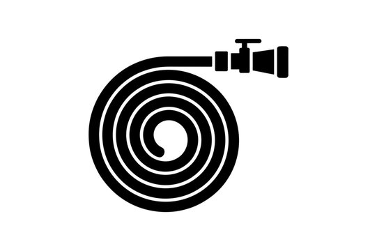 A black and white vector graphic illustration of a coiled hose with a nozzle