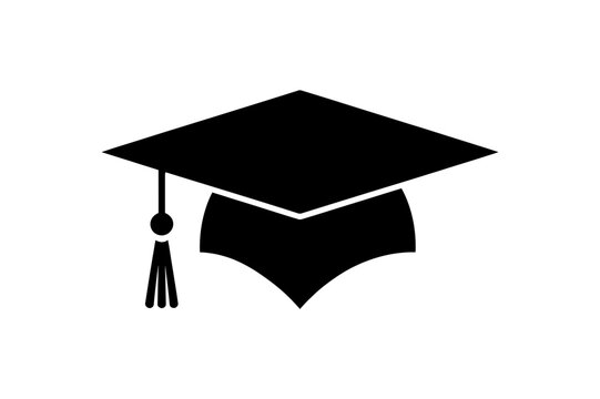 A minimalist vector graphic of a graduation cap and tassel in black silhouette on a white background