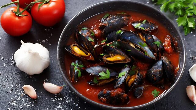 Delicious Mussels Cooked in Rich Tomato Sauce with Fresh Garlic and Tomatoes on Dark Background.