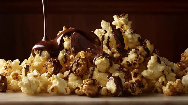 Mouth watering melted chocolate sauce gracefully drizzles onto golden popcorn kernels for a sweet treat.