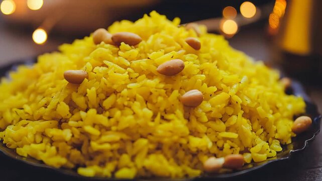 Appetizing Yellow Poha Dish with Peanuts in a Festive Blurred Background.