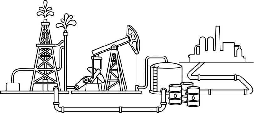 Black and white line art vector illustration of an oil and gas industry concept featuring an oil derrick, pumpjack, pipelines, storage tanks, barrels, and a refinery plant
