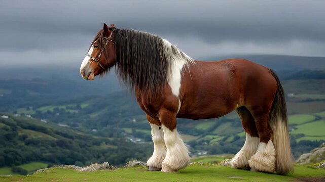 Majestic brown and white draft horse standing proudly on a scenic mountain top landscape.