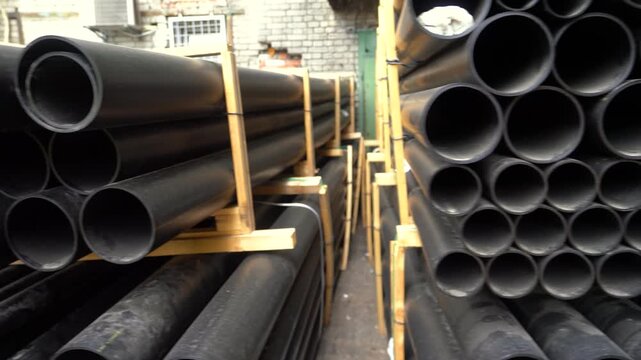 Stacks Of HDPE pipes. Plastic pipes of various diameters are stored in a factory yard, plumbing warehouse, or building materials warehouse.