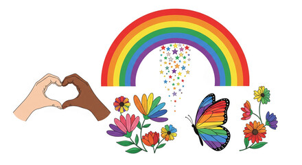Illustration of rainbow, flowers, butterfly and hands forming heart, colorful design representing diversity, inclusion, love, perfect for pride month