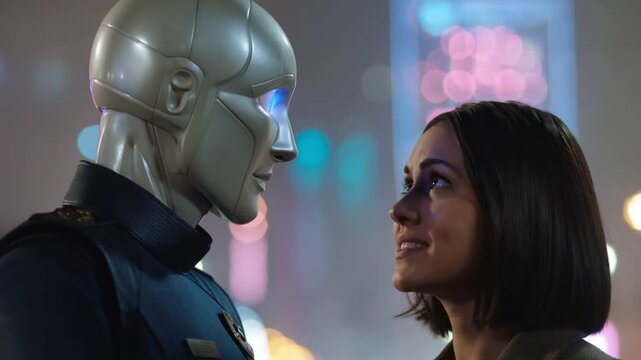 Close up of an alien robot with glowing blue eyes facing a concerned woman at night.