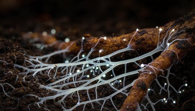 macro mycelium threads linking roots in forest floor perfect for international day of forests