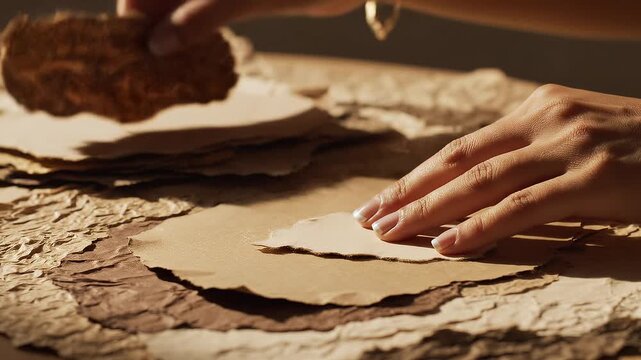 Hands working with brown paper sheets.