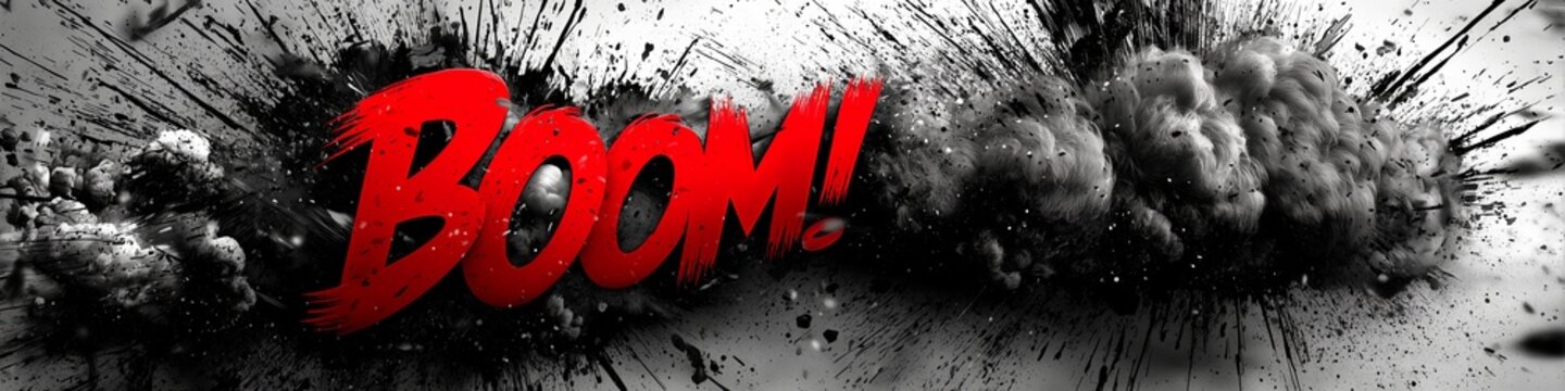 The word "BOOM!" is written in bold red text surrounded by billowing grey smoke. The comic-book  explosion effect creates a dynamic and impactful image.