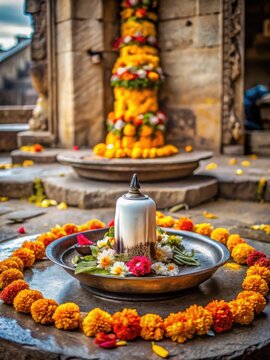 Ancient Hindu temple offering rituals with traditional shivling adorned with flowers and milk in a peaceful atmosphere