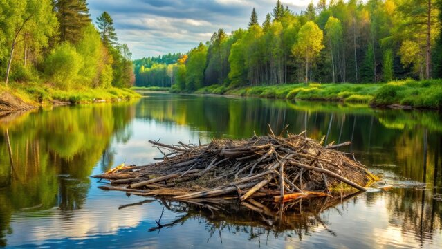 Beaver dam in river forest calm landscape
