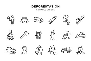 Deforestation line icons set with logging and cutting tools © hafid