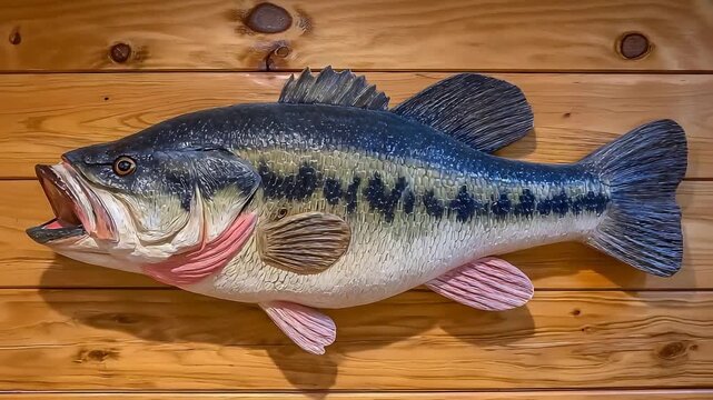 Detailed Large Mouth Bass Fish Taxidermy Mount Displayed on Rustic Wooden Wall.