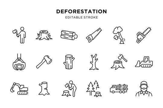 Deforestation line icons set with logging and cutting tools