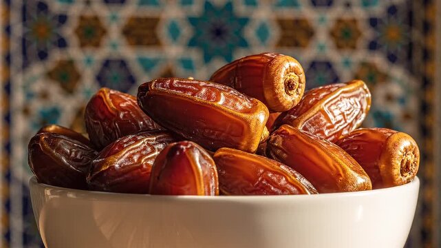 Dates in a white ceramic bowl.