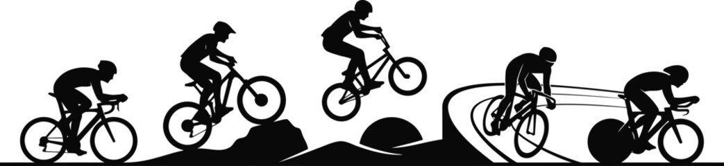 Naklejka premium A collection of dynamic silhouettes illustrating diverse bicycle riding disciplines from racing to mountain biking