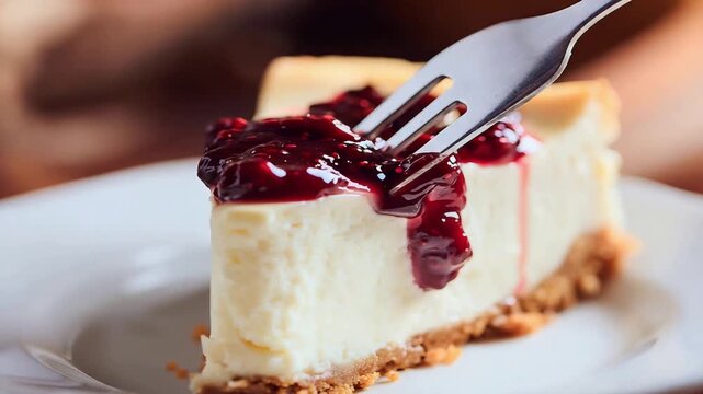 Delicious creamy cheesecake slice with rich berry topping being served with a fork.