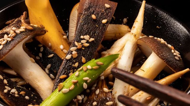 Appetizing pan fried assorted mushrooms with toasted sesame seeds and fresh green onion, close up.