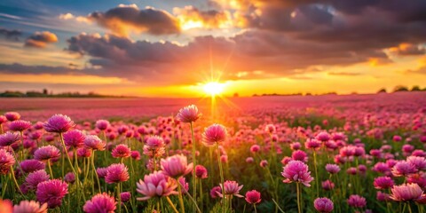 Fototapeta premium Sunset over a field of pink flowers
