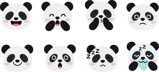 Cute panda face cartoon icon set flat vector collection of adorable bear expressions isolated on light background © Yevhenii creative