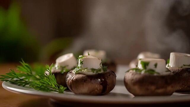 Delicious creamy stuffed mushrooms garnished with fresh herbs, a perfect gourmet appetizer close up.
