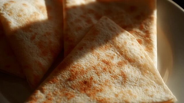Delicious Golden Brown Flatbread Triangles with Toasted Spots on a White Plate.