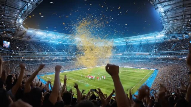 Football Match Celebration with Golden Confetti in a Crowded Stadium