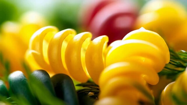 Vibrant yellow and green spiral pasta close up, uncooked and fresh for culinary designs.