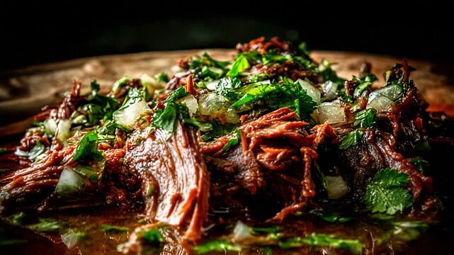 Authentic Slow Cooked Pulled Beef Dish with Fresh Cilantro and Diced Onions.