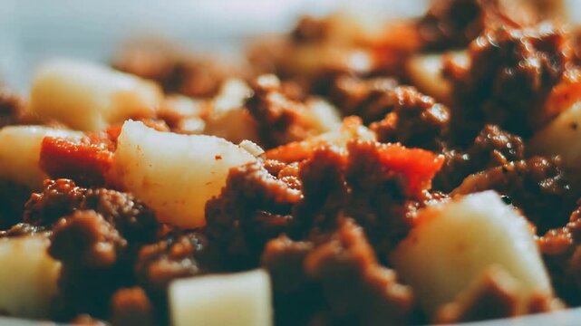 Delicious Close Up of Savory Potato and Ground Meat Stew with Rich Sauce.