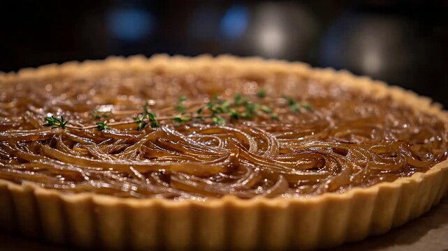 Delicious savory caramelized onion tart garnished with fresh thyme, perfect for a gourmet meal.