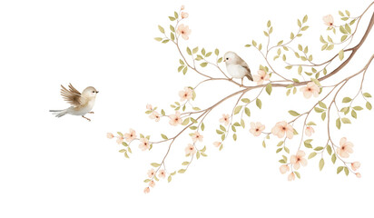  Bloossoming watercolor branch with cute birds, spring isolated decoration for wallpaper, cover, mural in childish room. Delicate hand drawn illustration for your text, invitation or greeting card. © Nikole