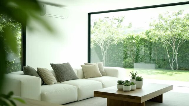 Minimalist living room with white modular sofa and modern wooden coffee table overlooking lush green garden, concept for interior design portfolio, real estate marketing and home decor catalog