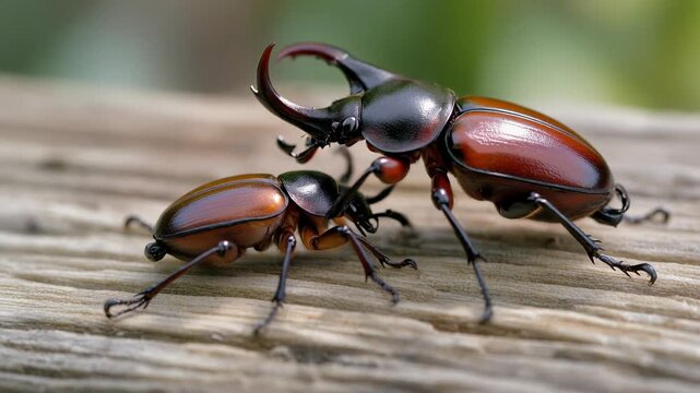 Macro close up of stag beetles on wood exploring insect wildlife brown winged beetles with prominent horns