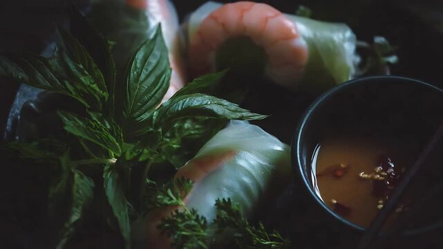 Delicious Vietnamese Summer Rolls with Fresh Herbs and Shrimp, Served with Zesty Dipping Sauce.