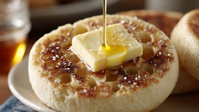 Golden Syrup Dripping Down Melting Butter on a Warm Toasted Crumpet for Delicious Breakfast.