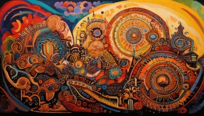 Obraz premium Intricate Abstract Painting with Gears, Circles, and Vibrant Colors.