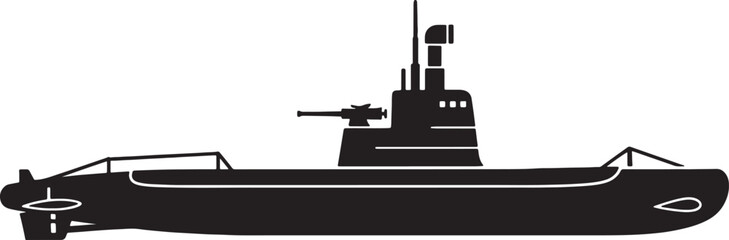 Fototapeta premium Black Submarine Silhouette on White Background, Isolated Naval Vessel Illustration